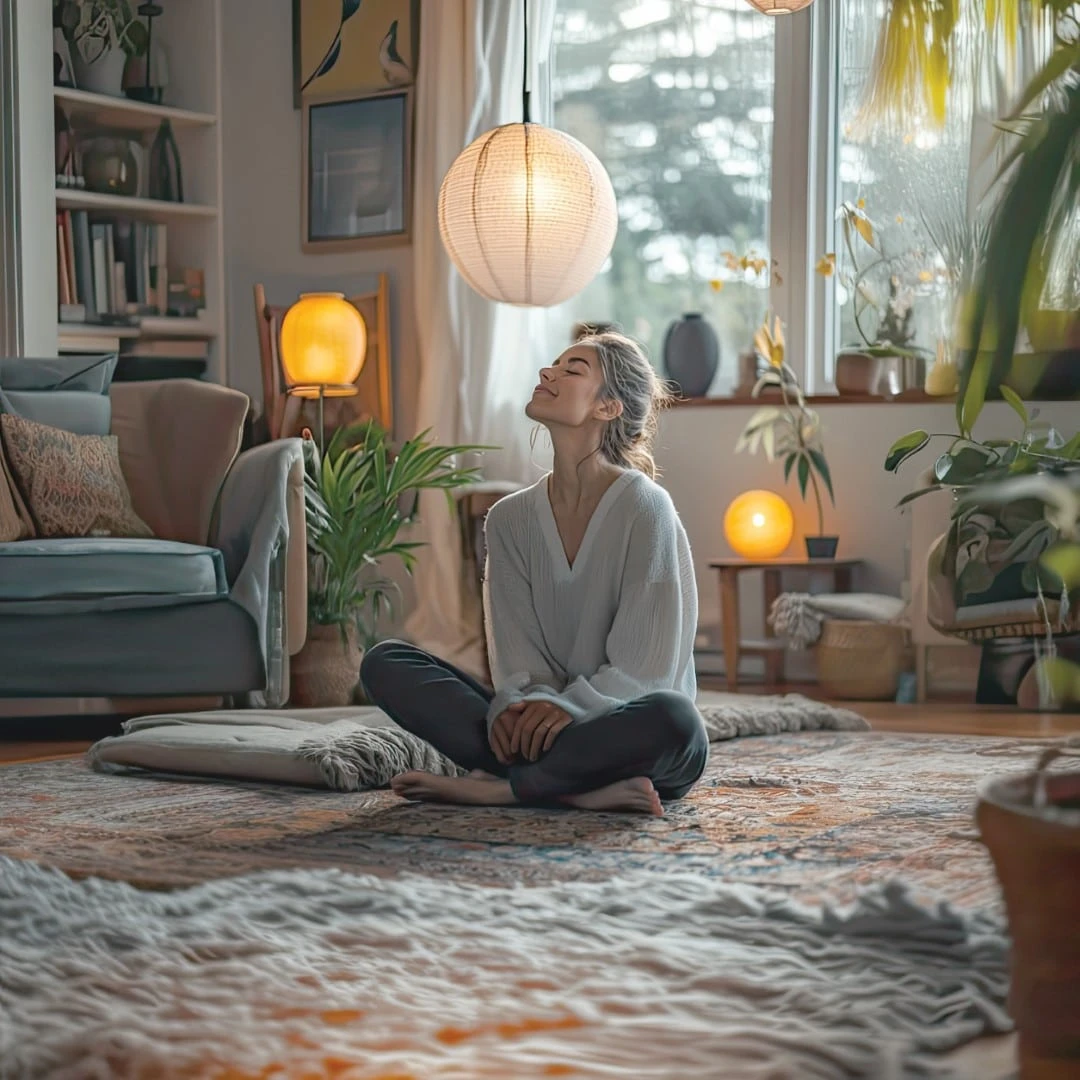 Femme méditant dans un salon lumineux